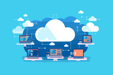 Cloud computing. A digital service or application with data transmission. Network computing technologies. Futuristic Server. Digital space. Data storage. Vector illustration