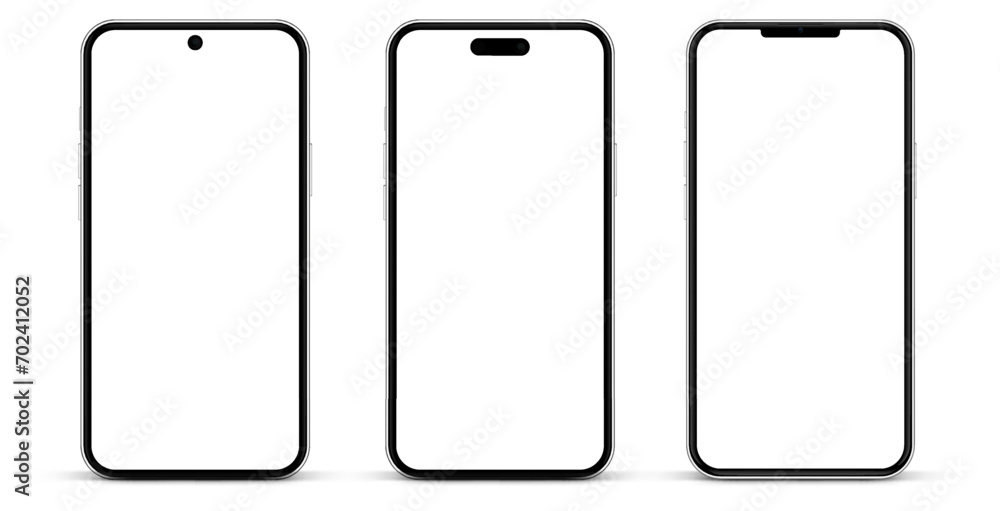 Poster 3d high quality vector smartphone mockups. Ultra realistic mobile device UI UX mockup for presentation template. Cellphone frame with blank screen isolated templates. 3d isometric illustration.