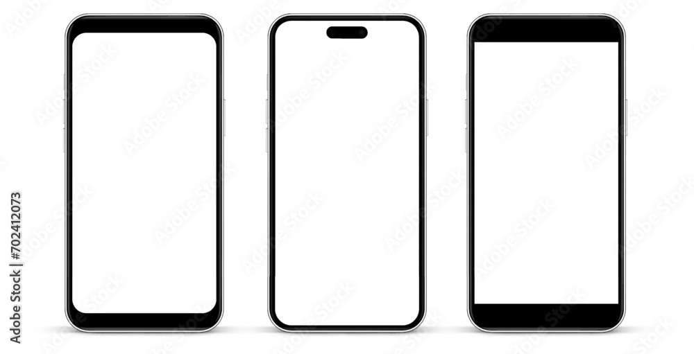 Poster 3d high quality vector smartphone mockups. Ultra realistic mobile device UI UX mockup for presentation template. Cellphone frame with blank screen isolated templates. 3d isometric illustration.