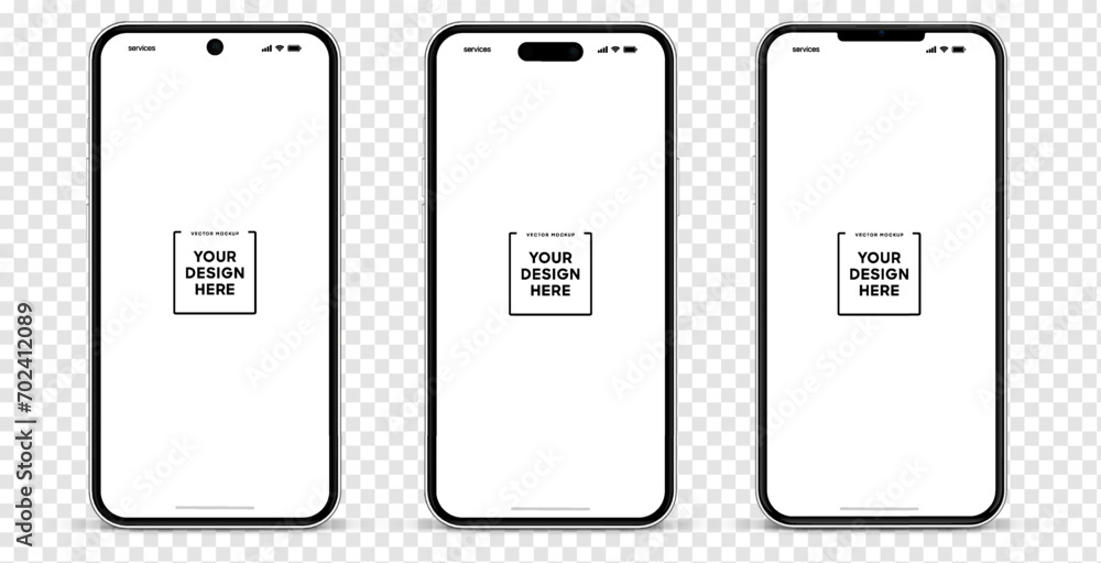 Poster 3d high quality vector smartphone mockups. Ultra realistic mobile device UI UX mockup for presentation template. Cellphone frame with blank screen isolated templates. 3d isometric illustration.