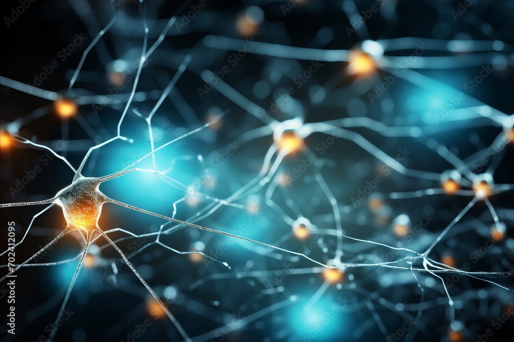 Poster neuron cells with abstract background showcasing neural connections and communication