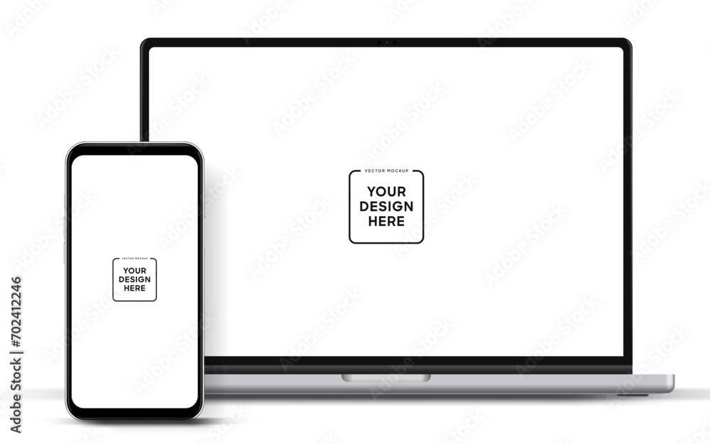 Poster Modern latest laptop mockup front view and smartphone mockup high quality isolated on white background. Notebook mockup and phone device mockup for ui ux app and website presentation Stock Vector.