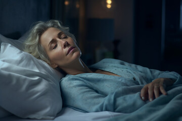 Tired middle aged woman lying in bed can't sleep late at morning with insomnia. Adult lady sick or sad depressed sleeping at home - obrazy, fototapety, plakaty