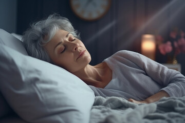 Tired middle aged woman lying in bed can't sleep late at morning with insomnia. Adult lady sick or sad depressed sleeping at home - obrazy, fototapety, plakaty