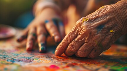 A wrinkled hand gently guiding a child's finger as they paint together, bridging the gap between generations through shared creativity and love. - obrazy, fototapety, plakaty