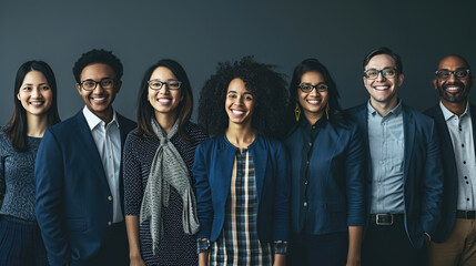 Line-up of cheerful individuals from diverse ethnic backgrounds, with confident smiles, dressed in professional attire, representing a unified team or staff of a modern, inclusive company. - Powered by Adobe