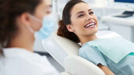 Young woman with a radiant smile is sitting in a dental chair