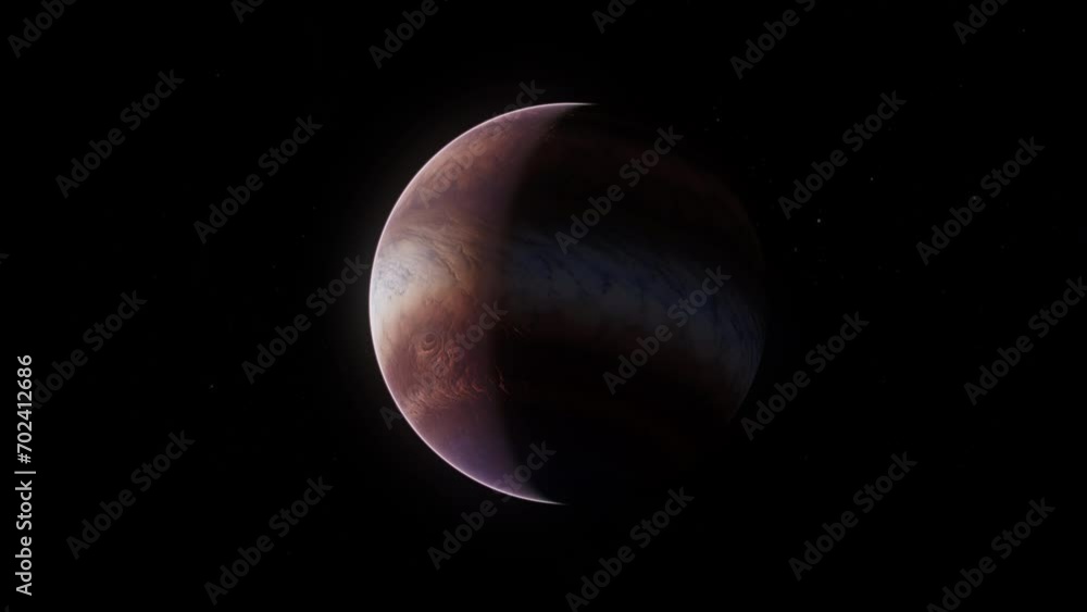 Wall mural Giant alien gas planet in deep dark outer space. 3D animation and artistic concept of big Jupiter-like exoplanet. Space exploration and planetary science discovery of extrasolar cosmic phenomena.