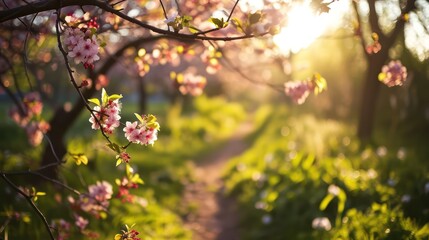 Fototapeta premium Beautiful natural landscape in spring with colorful flowers blooming. A charming spring scenery