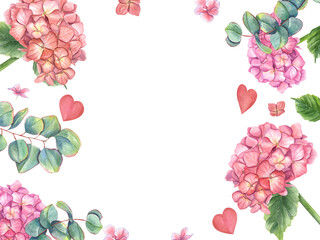 Hydrangea, petal flowers, eucalyptus branches and pink hearts. Hortensia, leaves, love. Horizontal frame with copy space for text. Watercolor illustration isolated on white.