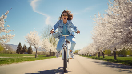 Woman joyfully riding a bicycle on a road lined with blossoming white cherry trees under a clear blue sky.