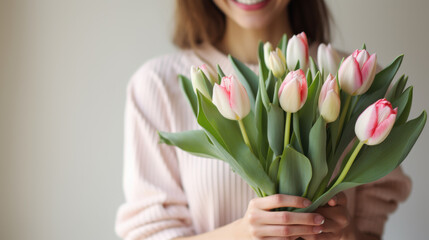 Woman is holding a bouquet of pink and white tulips