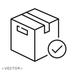Linear Pictogram Safe Carton Package Delivery, Check Carton Package Box Line Icon. Quality Goods Check Mark in Container Outline Icon. Approved Products. Editable stroke eps 10  Vector Illustration