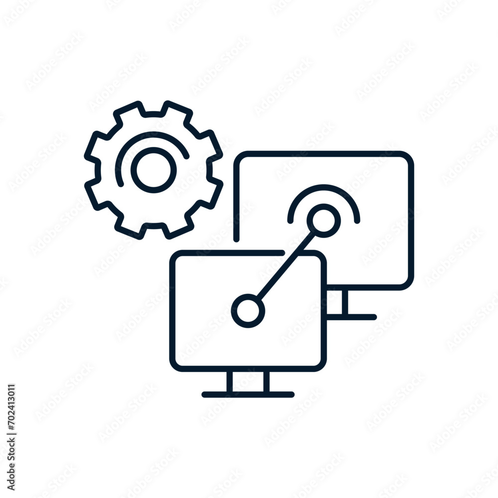 Poster synchronization setup concept. vector linear icon isolated on white background.