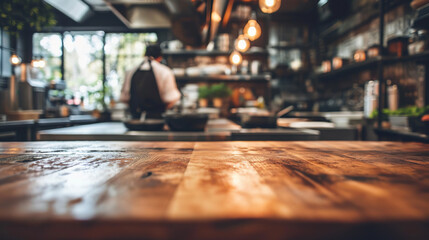 Generative AI, busy chefs working on the restaurant kitchen , blurred background - obrazy, fototapety, plakaty