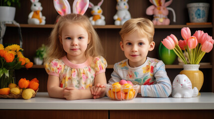 Fototapeta premium Young children with bunny ears and Easter-themed face stickers are smiling at the camera, surrounded by Easter eggs and decorations in a bright home kitchen setting