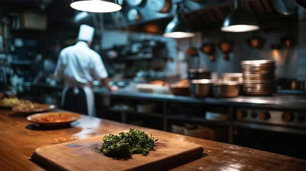 Poster Generative AI, busy chefs working on the restaurant kitchen , blurred background © DELstudio