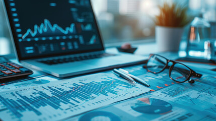 Close-up of various business analytics and metrics displayed in charts and graphs