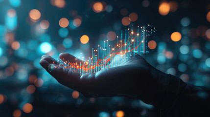 Hand with a digital holographic projection of financial stock market data, with glowing graphs, lines, and numbers against a bokeh light background.
