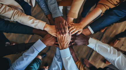A top-down view of a group of friends stacking their hands together, symbolizing unity, teamwork, and mutual support in a casual setting.