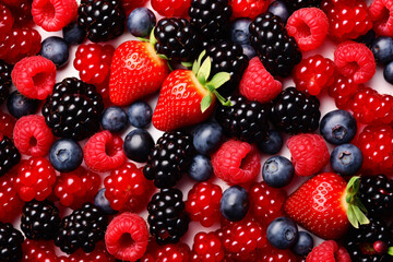 Variety of fresh berries including strawberries raspberries blueberries blackberries and red currants on a white background The berries are ripe and juicy with bright colors and a glossy sheen
