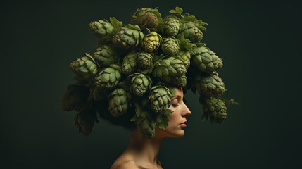 Sinnliches Portrait einer Frau mit Hopfen-Blüten auf dem Kopf. Profil. Illustration mit grünem Hintergrund - obrazy, fototapety, plakaty