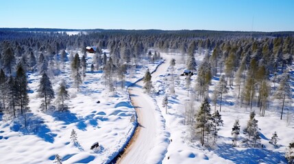 Fototapeta na wymiar Aerial view of breathtaking winter forest with snow covered pine trees in norway, captured by drone.