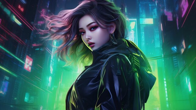 k-pop star in a dazzling, high fashion outfit, with a backdrop of neon-lit, futuristic cityscape, 16:9