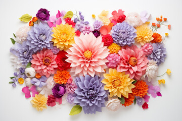 Vibrant Floral Arrangement on White Background Flatlay