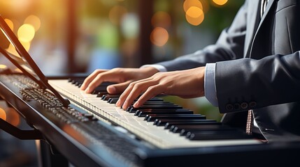 Skilled musician playing keyboard on blurred background with text space for creative text placement