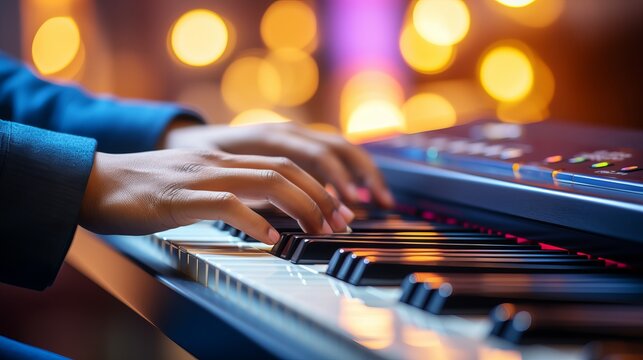 Talented keyboardist playing instrument with blurred background and copy space for text placement - Powered by Adobe