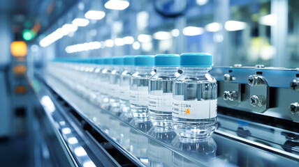 Vials of liquid medication in production line, pharmaceutical manufacturing, medicine and vaccine...