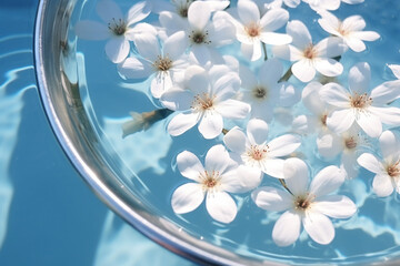 White flowers and buds floating on water surface in a light blue container. Top view. Sun reflecting of ripples on a surface, creating shadows on the bottom
