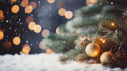 Christmas banner background. Christmas tree with christmas decoration. Copy space
