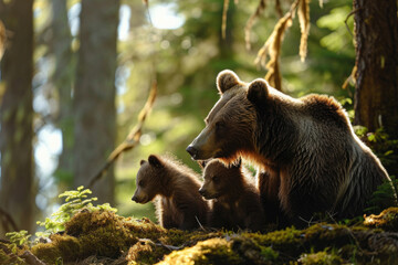 A grizzly bear mother and her playful cubs in a forest setting