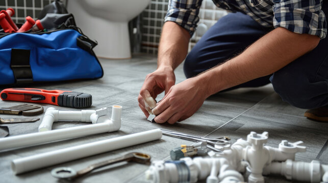 Plumber at work, fitting pipes on a bathroom floor with various plumbing tools