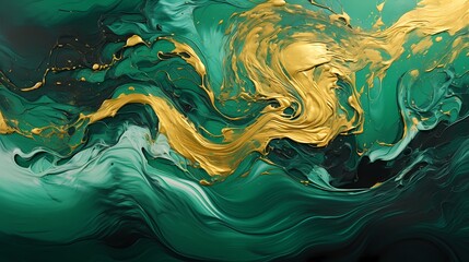Liquid gold and emerald green waves swirling and splashing against a vibrant 3D canvas, creating a visually stunning abstract composition in high-definition.