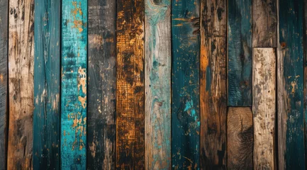 Fotobehang Colourful distressed wooden planks with rustic charm and textured patterns. © Jan