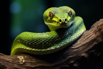 Detailed macro shot of a green snake coiled on a tree branch in the lush jungle environment
