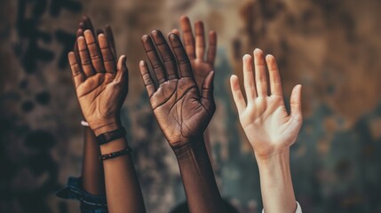 A close-up of hands of different skin tones raised in celebration, symbolizing equality and solidarity