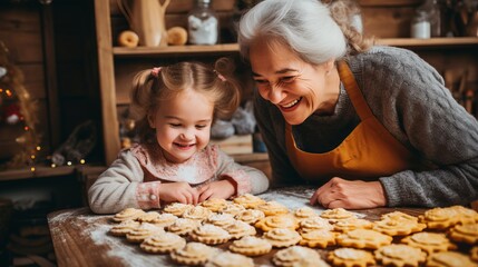 Grandma and grandkid happily bake together, rolling yeast cookie dough for homemade pastries