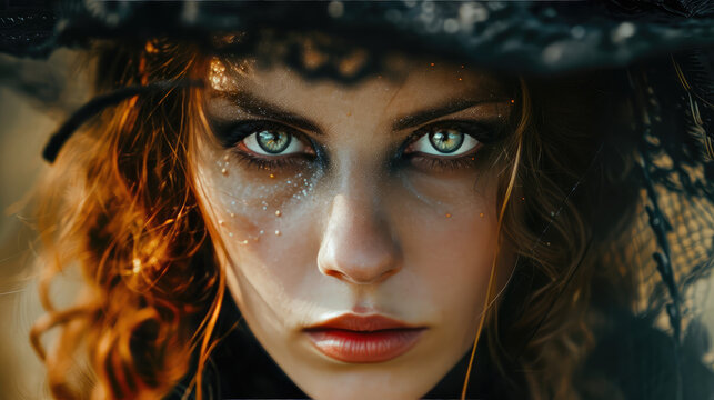 Young creepy girl in witch costume, wearing black witch hat. Woman in the image of a witch, carnival costume.