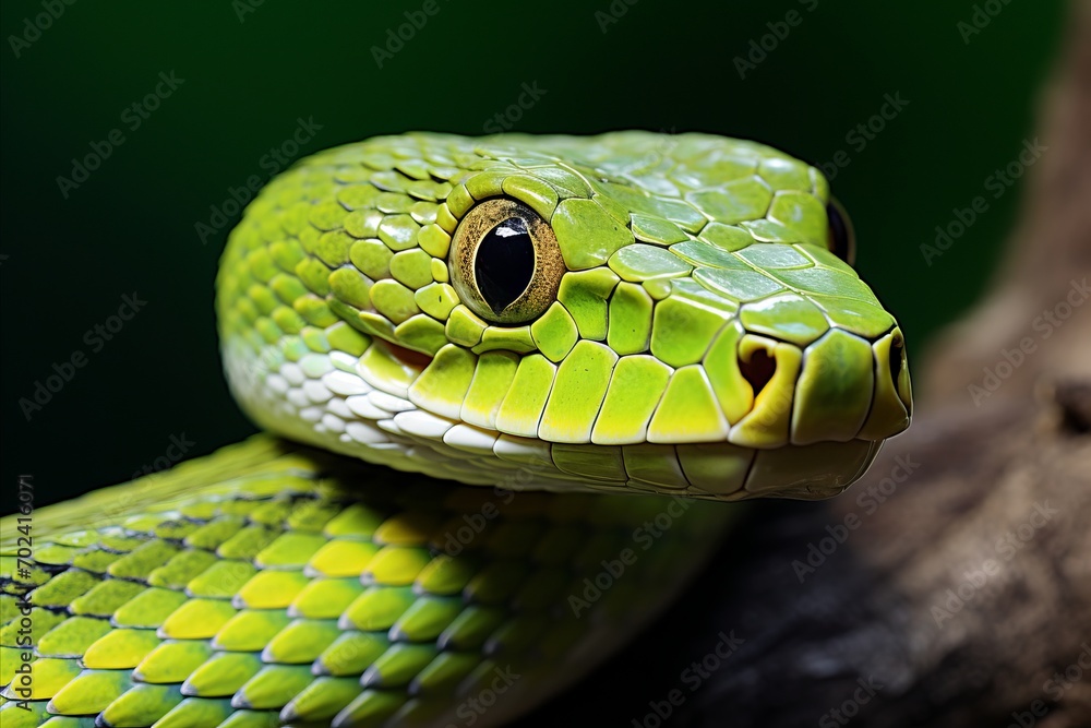 Poster stunning green snake on jungle tree branch macro close up of intricate reptile details