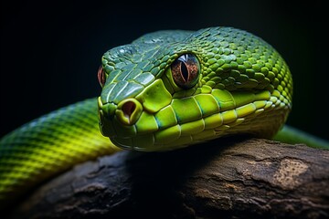 Fototapeta premium Exquisite close up of a vivid green snake gracefully coiled on a lush jungle tree branch