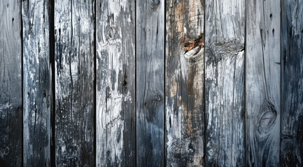 Obraz premium Weathered wooden planks with peeling paint and lichen growth.