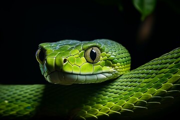 Fototapeta premium Vibrant green jungle snake on tree branch in lush rainforest macro with intricate details
