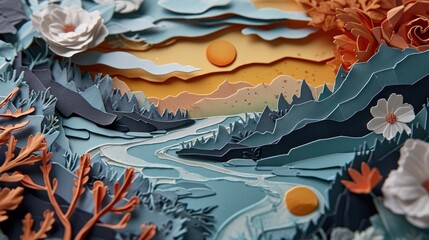 A delicate paper river flows through a stunning painting of a flower-adorned birthday cake, evoking the sweetness and beauty of life's milestones and the intricate artistry of nature