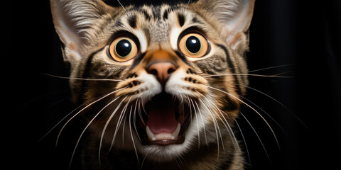 Close-up portrait of a striped tabby scared cat with an open mouth. Humorous photo.