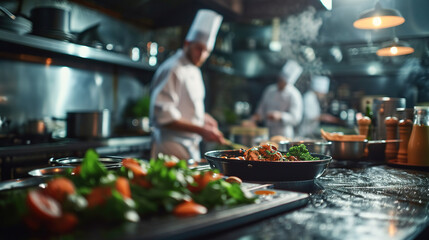 Generative AI, busy chefs working on the restaurant kitchen , blurred background