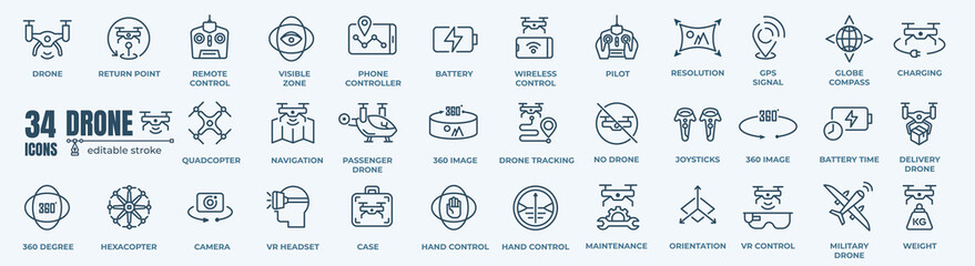 Civilian aerial Drone and quadrocopter icon set. Collection of linear simple web icons. Editable stroke